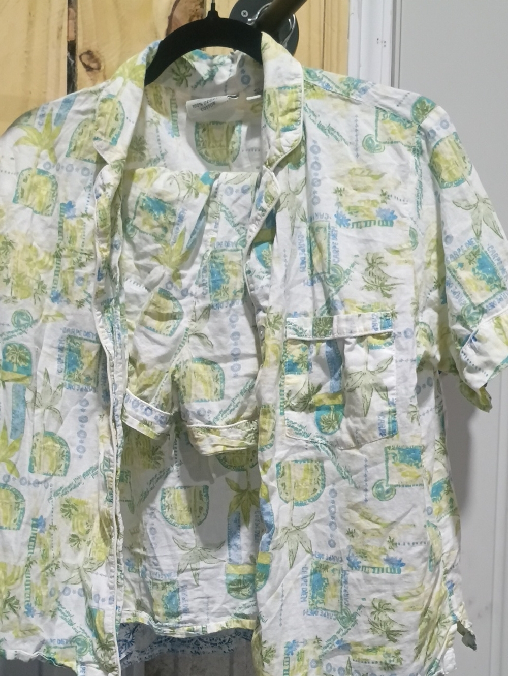 Calypso St. Barth White Short-Sleeve Pajama Shirt with Green & Blue Print